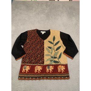 Vintage Arriviste‎ Sweater Elephant Animal Print Sequins Knit V Neck Medium M